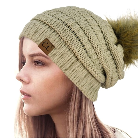 C.C. Beanie Solid Beige Color Slouchy Knit Stocking Cap with Faux Fur Pom Pom - Picture 3 of 5
